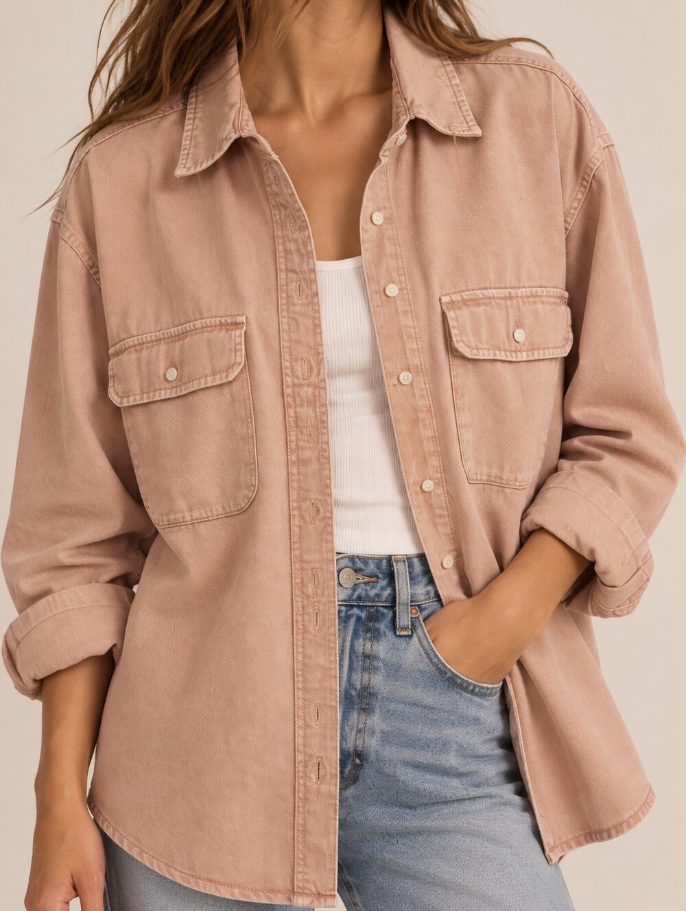 Aerie Oversized Dusty Pink Button-Up Denim Shirt Jacket - Small